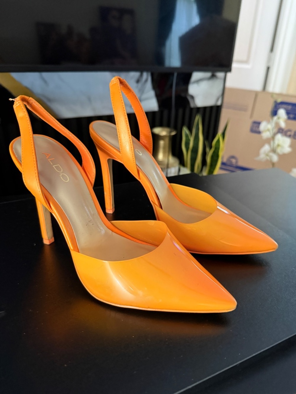 Aldo Bright Orange Patent Slingback Pointed Heels